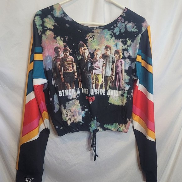 Stranger Things Crop Top Long Sleeve Upcycled Blouse Bleached Tie Dyed OSFM - Picture 1 of 4